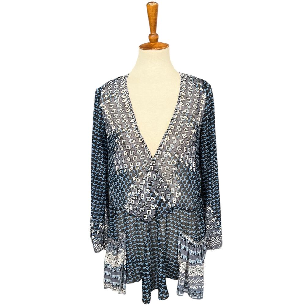 Free People Women Into The Mystic Sheer Boho Peasant Top Tunic Blue Size Medium
